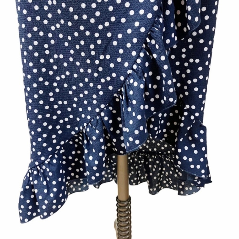 BLUE RAIN Faux Wrap Skirt Women’s SIZE XS Navy/White Polka Dot Ruffle Stretch - Picture 3 of 10